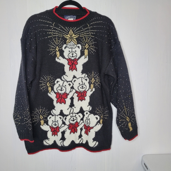 Vintage JJ Browne Christmas Holiday Black Gold Sweater Teddy Bears Size Large - Picture 7 of 13